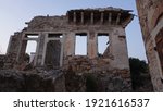 Small photo of old ruined church,Landscape of ruined buildings at sunset, image of decrepitude or natural disaster