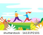 a couple is walking in the park ... | Shutterstock .eps vector #1613192101