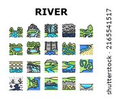 River And Lake Nature Landscape Icons Set Vector. River Mouth And Delta, Sea Shore And Pond In Forest, Aqueduct Construction And Dam. Waterfall And Water Reservoir Color Illustrations