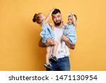 Small photo of Stubborn noisy childdren teasing theur elder brother while sitting on his arms. manipulation .parents and children conflict. little girls molesting daddy.children pulling their father's hair