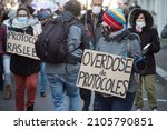 Small photo of Mulhouse - France - 13 January 2022 - people protesting against the sanitary protocol with placard in french : overdose de protocole, in english : overdose of protocol