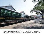 Small photo of Surabaya, Indonesia. September 27, 2022. Exterior view of Panoramic wagon trains owned by PT KAI Indonesia Train Industry. This wagon exhibit at Balai Yasa Gubeng and open for public.