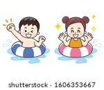 children are swimming with... | Shutterstock . vector #1606353667