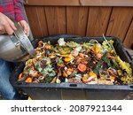 Small photo of Man emptying kitchen waste in to a compost bin with layers of organic matter and soil. Environmentally friendly lifestyle. The man throws leftover vegetables into compost bin from the bowl.