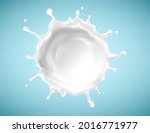 Milk splash isolated on blue background. Natural dairy product, yogurt or cream in crown splash with flying drops. Realistic Vector illustration