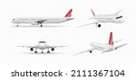 Realistic aircraft. Passenger airplane in different views. 3d detailed passenger air plane isolated on transparent background. Vector illustration