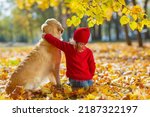 Friendly relationship between child and dog. Warm colors of autumn. A child in knitted red clothes hugs golden retriever. friends forever. the two looks into the distance.