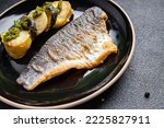 fish fried sea ​​bass grill seafood meal food snack on the table copy space food background top