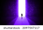 Businessman Waking Through a Starry Door Light with Glowing stars in a great Concrete Dark hall. Open Gate and Exit. Business Surreal Dream, Success Way and Imagination Concept	
 3D illustration 