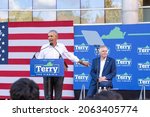 Small photo of Richmond, Virginia, USA- October 23rd, 2021: Former President Barack Obama campaigning for gubernatorial candidate Terry McAuliffe in Richmond Virginia.