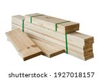 pine boards tied with green plastic rope. beautiful wooden pattern, plank suitable for furniture or handmade. stacks of old wood pallets. bundle for recycling or reuse isolated on white