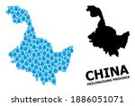 Vector mosaic and solid map of Heilongjiang Province. Map of Heilongjiang Province vector mosaic for clean water ads. Map of Heilongjiang Province is formed with blue drinking water raindrops.