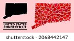 Love mosaic and solid map of Connecticut State on a pink background. Mosaic map of Connecticut State created with red lovely hearts. Vector flat illustration for love conceptual illustrations.