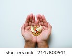 Hand holding Garuda Pancasila emblem Isolated on white background. Indonesia independence day 17th August, pancasila day concept.