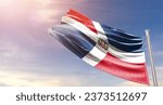 Small photo of Dominican Republic national flag waving in beautiful sky. The flag waving with dynamic angle.