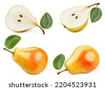 Collection Yellow Pears. Pears isolated on white background. Pears fruit clipping path. Pears macro studio photo