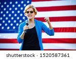 Small photo of Hollis, NH - September 27, 2019: Democratic 2020 U.S. presidential candidate and Massachusetts Senator Elizabeth Warren campaigns at Lawrence Barn in Hollis, New Hampshire.