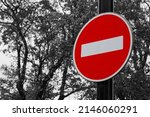 Color road traffic sign Entry is prohibited on back and white background of sky and trees foliage. Sign is also known as ''The Brick''. It restricts vehicles movement in this direction.