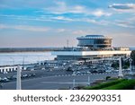 Small photo of Volgograd, Russia-August 23, 2023: the very center of Volgograd, river port on the right bank of Volga. Restaurant Reka (River), the cylindrical top of the structure