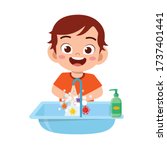 happy cute little kid boy wash... | Shutterstock .eps vector #1737401441
