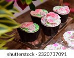 Small photo of Sheila name cupcake, birthday candy, candy table, themed cupcake, cupcakes with pink rose, cupcake with flowers, birthday sweets, candy table, vintage cupcake