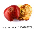 Small photo of Halved rotten apple is isolated against a white background. Full clipping path. The red apple is spoiled