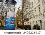 Small photo of Budapest, Hungary - Dec 16, 2023: Fidesz government new national consultation's billboard campaign, with the face of Alex Soros and Ursula von der Leyen, the slogan: “We won’t dance to their tune”.
