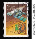 Small photo of Ankara,Turkiye -Feb.14.2023 : A Hungary postage stamp shows European Space Agency Giotto and the Three Magi, Halley's Comet series. Circa 1986...