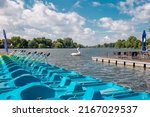 colored pedal boats at a wooden ... | Shutterstock . vector #2167029537