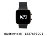 Square smartwatch with black mesh style strap, black dial face and digital numerals, isolated on white background.