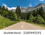 Mountain road with view of the Alpstein massif and Mount Säntis. Canton Appenzell Ausserrhoden, Switzerland