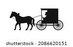 Amish or mennonite buggy black silhouette logo isolated on white. Chariot wiht horse and bearded man. Symbol vintage design. Vector illustration.