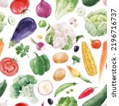 Small photo of Beautiful seamless pattern with hand drawn watercolor healthy vegetable food. Eggplant cabbage corn broccoli zucchini lettuce papper potato illustrations