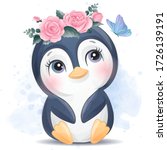 Cute Penguin With Watercolor...