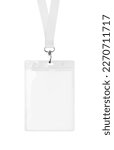 Small photo of Transparent badge mockup isolated on white background. Plain empty name tag mock up with white string.