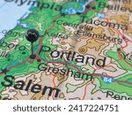 Small photo of Portland, Oregon marked by a black map tack. The City of Portland is the county seat of Multnomah County, OR.