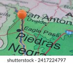 Small photo of Eagle Pass, Texas marked by an orange map tack. The City of Eagle Pass is the county seat of Maverick County, TX.