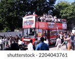 Small photo of View of Sri Lankan Cricket team members celebrate their victory during the Asia Cup Twenty20 tournament in Dubai, retuning to Colombo, Sri Lanka. 13th September 2022