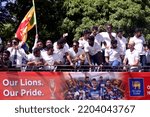 Small photo of View of Sri Lankan Cricket team members celebrate their victory during the Asia Cup Twenty20 tournament in Dubai, retuning to Colombo, Sri Lanka. 13th September 2022