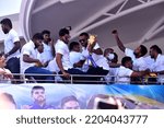 Small photo of View of Sri Lankan Cricket team members celebrate their victory during the Asia Cup Twenty20 tournament in Dubai, retuning to Colombo, Sri Lanka. 13th September 2022