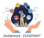Juggling emotions concept. Man looks at starry sky, emotional intelligence and mood control. Mindfulness and psychology. Techniques and techniques for managing anger. Cartoon flat vector illustration