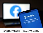 Small photo of Stone, United Kingdom - March 21 2020: Workplace app on the smartphone and blurred Facebook logo on the background. Workplace is a platform with tools like groups, instant messaging and News Feed.