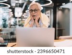 Small photo of Dumbfound senior woman sitting with laptop in modern workspace