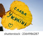 sunny yellow autumn leaf with an inscription in Ukrainian translated into English glory to Ukraine against of a cloudless blue sky. autumn positive mood, stop war. I love autumn and Ukraine