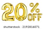 Small photo of 20 Twenty Percent % Off balloons. Sale, Clearance, discount. Yellow Gold foil helium balloon. Word good for store, shop, shopping mall. English Alphabet Letters. Isolated white background.