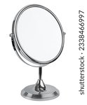 Small photo of Round mirror for makeup. Magnifying mirror with 360° rotating. Cosmetic, cosmetology or makeup desk mirror. Silver metal stand magnify mirror for beauty salon. Woman skincare bathroom accessories