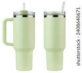 Small photo of Tumbler. Reusable water bottle. Travel cup for drinking. Simple modern classic Insulated tumbler with straw and flip lid. Stainless Steel bottle. Thermos mug for iced coffee, tea. Isolated background