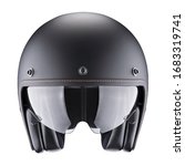 Small photo of Black Open Face Modern Motorcycle Helmet Isolated on White. Cruiser Scooter & Flip Up Motorbike Helm with Retractable Double Visor. Front View Scooter Headgear. Sports Gear. Protective Equipment