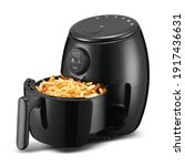2 Qt. Digital Air Fryer Isolated. Black  Electric Deep Fryer Side Front View. Modern Domestic Household Small Kitchen Appliances. 1800 Watts Convection Oven 5.2 Liter Capacity Oilless Cooker