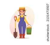 cute gardener girl in overalls... | Shutterstock .eps vector #2131473507